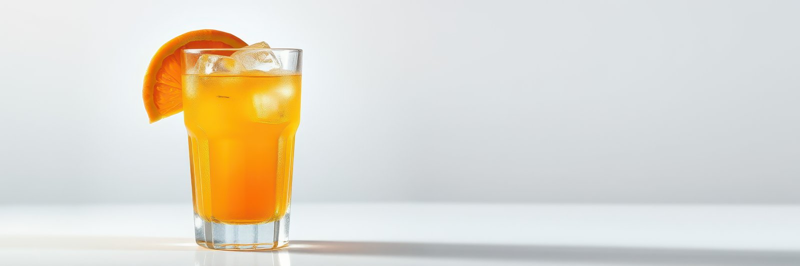 Refreshing orange drink served over ice in a clear glass on a bright surface